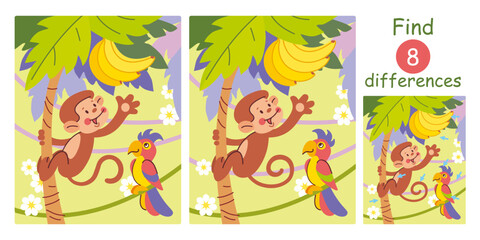 Find differences, education game for children. Cute cartoon monkey and parrot, jungle animals and birds. Flat vector jungle illustration.  - obrazy, fototapety, plakaty