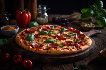 Delicious Salami Pizza on Wooden Table with Decorations