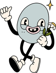 Groovy happy Easter egg character in doodle cartoon style. Retro holiday funny egg with face, legs and arms. isolated png on transparent background