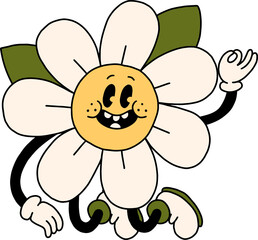 Funny daisy flower smiling face. Groovy spring, summer chamomile character mascot. Cartoon hippie 70s style illustration. Bloom floral PNG doodle, trendy retro style. Isolated, transparent background