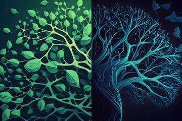 Neural network concept in the form of a tree in green and dark blue colors, Generative AI