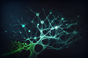 Neural network concept in green and dark blue colors, Generative AI