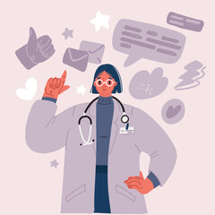 Vector illustration of woman doctor with stethoscope. Family doctor. Medical worker, paramedic.