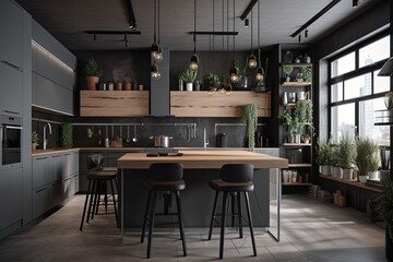 Fototapeta na wymiar Grey kitchen interior with bar,Generative_AI
