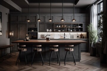 Fototapeta na wymiar Grey kitchen interior with bar,Generative_AI