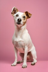 terrier dog without collar sitting isolated on pink studio background, made with generative ai