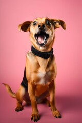 happy sitting black and brown dog isolated on pink studio background, made with generative ai
