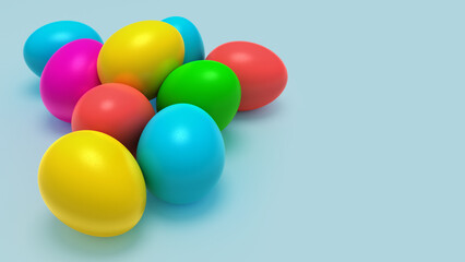 3D Illustration colorful easter eggs on uniform color with copyspace. 3d render color celebration background mockup.