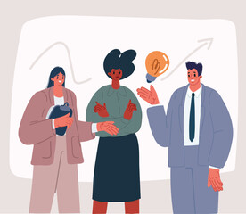 Vector illustration of Business people characters working in the office. Minimal co-working. Group of working office employees. Team project, brainstorm, teamwork process. Discussing