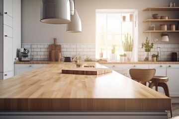 Fototapeta na wymiar Kitchen wooden table top and kitchen blur background interior style scandinavian Generative AI
