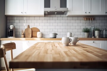 Obraz na płótnie Canvas Kitchen wooden table top and kitchen blur background interior style scandinavian Generative AI