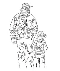Fototapeta na wymiar Grandfather and grandson go fishing vector, sketch father and son
