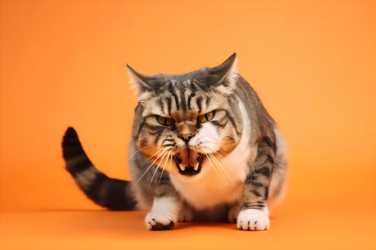 hissing tabby cat isolated on orange studio background, made with generative ai