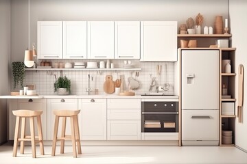 Fototapeta na wymiar Minimal light scandinavian kitchen interior. White furniture with utensils, shelves with crockery, small refrigerator 