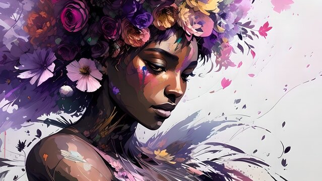A colorful portrait of a black beautiful woman, generative AI