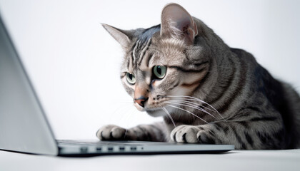Cat using laptop. Isolated on white. Generative AI