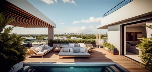 Fototapeta premium penthouse terrace with a swimming pool overlooking Miami, generative AI