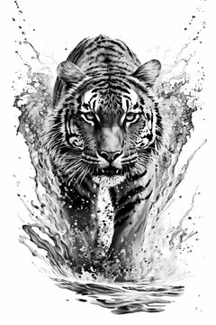 Tiger Ink Drawing In Splash of Inked Black and White Animal Intricate Details Artwork generative ai