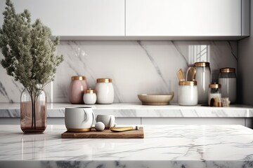 Fototapeta na wymiar Modern marble kitchen tabletop with decors and copy space over blurred minimal bright kitchen Generative AI