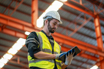 Low angle view of a worker wearing reflective jacket holding digital tablet standing in factory warehouse