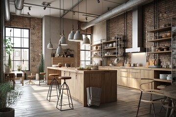 modern nordic kitchen in loft apartment. 3D rendering Generative AI