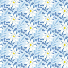 Seamless pattern of hand drawn daisy flowers. Cheerful fresh background design for springtime, mother's day, Easter, wedding celebration, scrapbooking, nursery decor, home decor, paper craft.