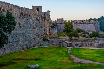 Sunrise panorama of ancient fortification at Rhodes in Greece