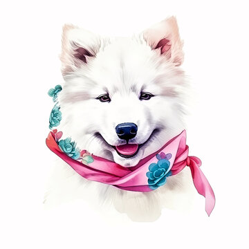Girl's Best Friend: A Samoyed Puppy in Watercolor with a Pink Bow and Big Smile for Your Stock Photo Collection!. AI Generated