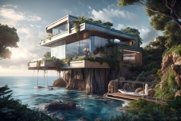 Modern impressive villa with swimming pool and garden, generative ai