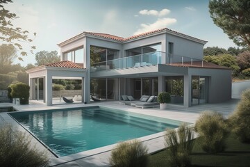 Fototapeta premium Modern impressive villa with swimming pool and garden, generative ai