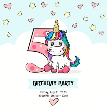 baby card, fifth birthday party invitation with baby unicorn