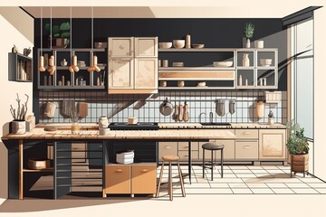 Stylish kitchen counter with lots of drawers,Generative AI