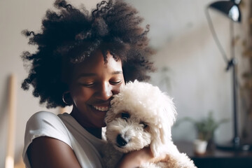 Smiling black woman with curly hair hugs her dog. IA