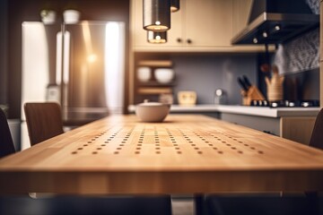 Table top with blurred kitchen  furniture as background