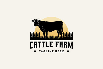 Vector cow silhouette for cattle farm logo design, vintage animal farm logo