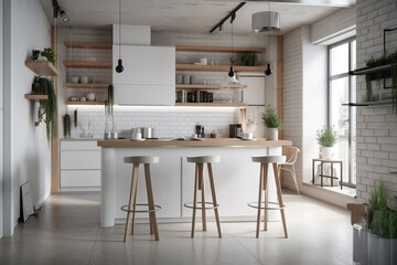 White loft kitchen corner with bar,Generative_AI