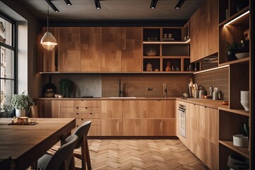 Fototapeta na wymiar Wooden cupboards in cozy kitchen,Generative AI