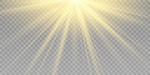 Yellow detonation effect. Sun rays with beams isolated on transparent background. Lens flare light effect. Sunlight a translucent special design of the light effect. Vector illustration.