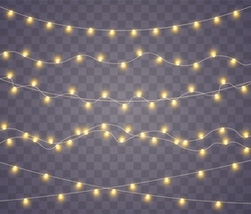 Yellow christmas lights isolated realistic design elements. Christmas lights isolated on transparent background. Xmas glowing garland. Led neon lamp. New Year decoration. Vector illustration.