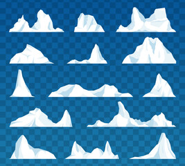 Set of isolated iceberg or drifting arctic glacier. Floating iceberg set. Frozen mountain and icy, frozen liquid and north theme. Design for video games. Arctic. Antarctic. Vector illustration. © ikril