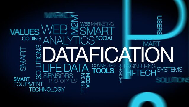 Datafication technology trend life into big data smart predictive analytics words tag cloud text science IA artificial intelligence blue white word animation