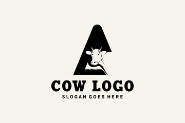 Cow letter A logo design with creative concept, farm animal cow head logo
