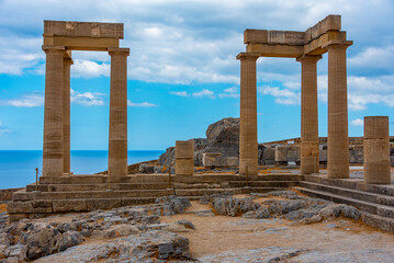 View of Lindos Acropolis at Greek island Rhodes