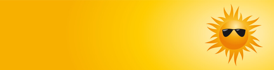 Abstract Summer banner, orange background with sun with sunglasses and empty hot sky for your text. Copy space for summertime announcement or advertisement