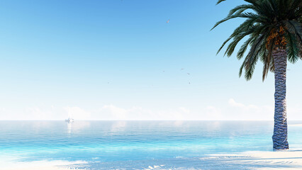 ULTRA HD. Blue ocean white sand beach nature tropical palms Island. Hotel beach. Caribbean sea and sky. 3D Rendering, landscape Island. Palms turquoise sea background.