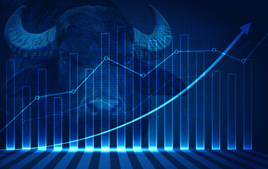 Abstract financial chart with uptrend line graph arrow and portrait of a bull in stock market