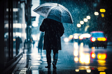 A person walking in the rain with an umbrella, Rainy, gloomy, wet, reflective - Generative AI