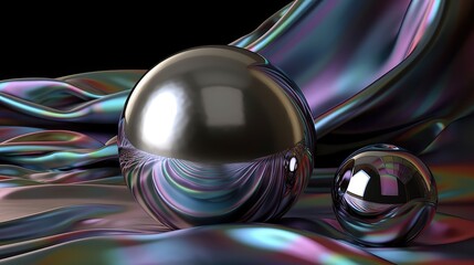 Holographic metallic liquid silk waves and spheres abstract background. Generative AI