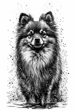 Pomeranian Dog Ink Drawing In Splash of Inked Black and White Animal Intricate Details Artwork generative ai