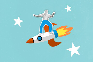 Picture banner collage of funny funky pensioner man flying space ship shuttle fast start up...
